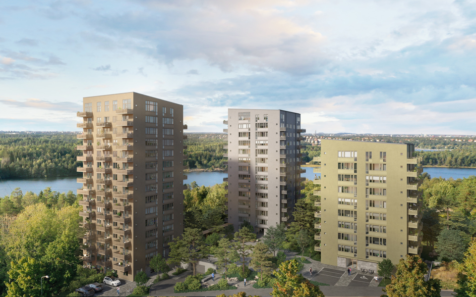 Tre punkthus, bakom syns vatten och skogsmiljö, illustration.